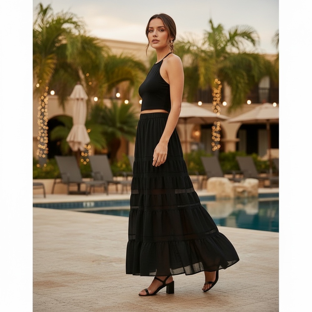 Black Tiered Maxi Skirt - Elegant Women's Black Maxi